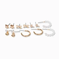 Gold-tone Bow & Pearl Mixed Stud & Hoop Earrings - 6 Pack
