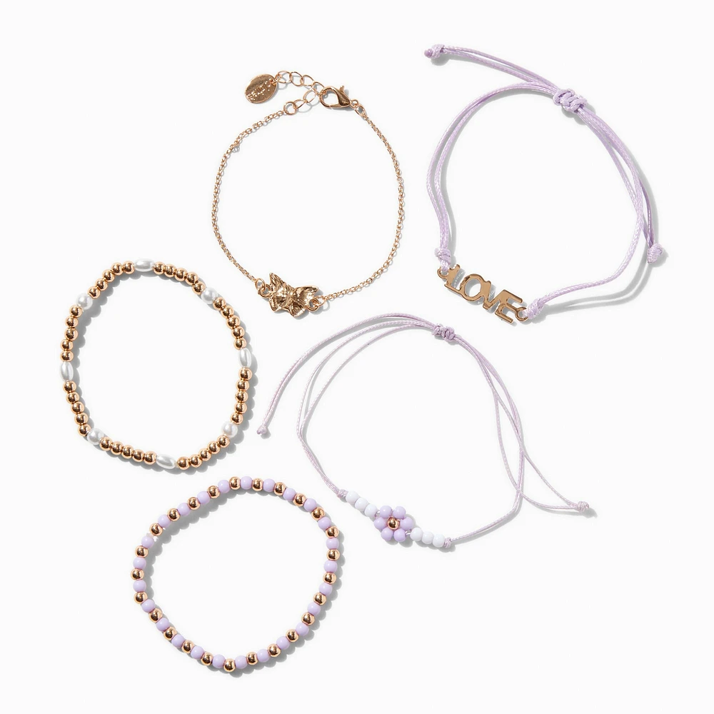 Purple "Love" & Flower Bracelet Set - 5 Pack