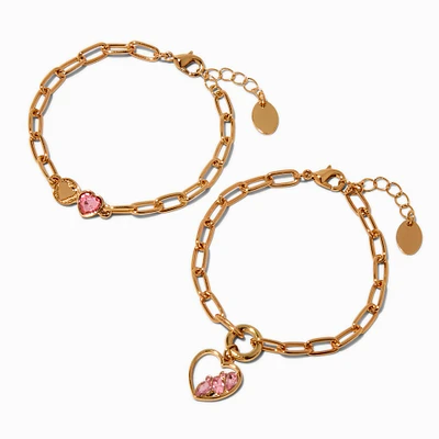 Pink Gem Heart Charm Gold-tone Paperclip Chain Bracelets- 2 Pack