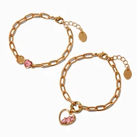 Pink Gem Heart Charm Gold-tone Paperclip Chain Bracelets- 2 Pack