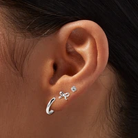 C LUXE by Claire's Sterling Silver Cubic Zirconia Hoop & Bow Stackable Earrings - 3 Pack