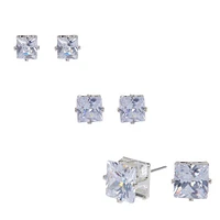 Silver-tone Cubic Zirconia 5mm, 6mm, & 7mm Square Stud Earrings - 3 Pack 