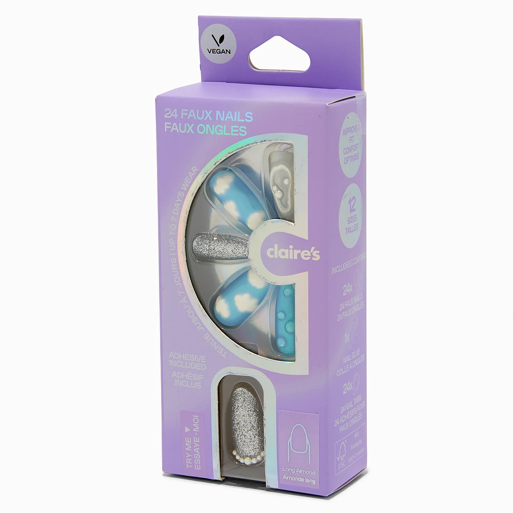 Blue Puffy Clouds Stiletto Vegan Faux Nail Set - 24 Pack