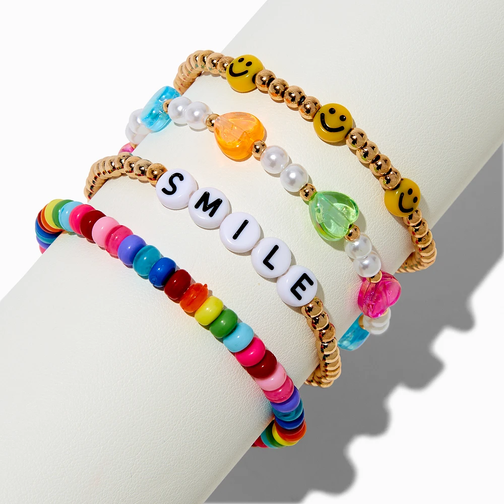 Happy Face ''Smile'' Beaded Stretch Bracelets - 4 Pack