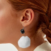 Black Dice White Pom Pom 3'' Drop Earrings