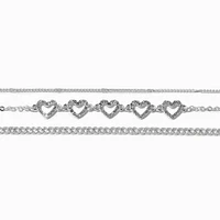 Silver-tone Crystal Heart Bracelet Set - 3 Pack 
