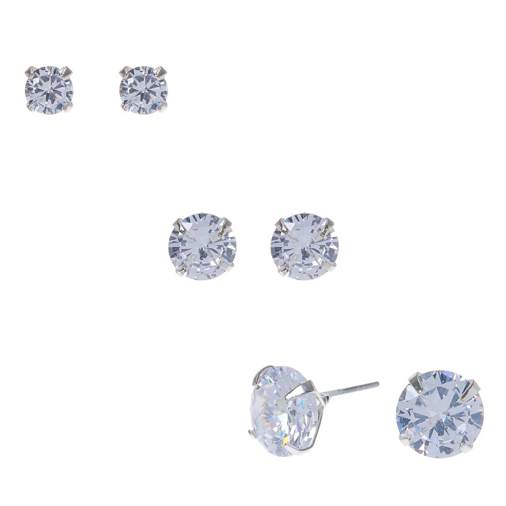 Silver-tone Cubic Zirconia 5mm, 7mm, & 9mm Round Stud Earrings - 3 Pack 