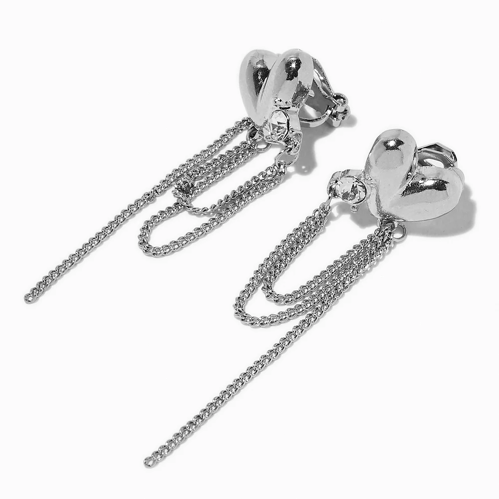 Silver-tone Heart Chains Clip-On Drop Earrings