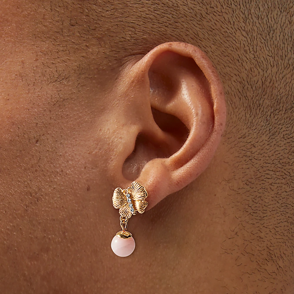 Gold-tone Butterfly & Pink Pearl Drop Earrings