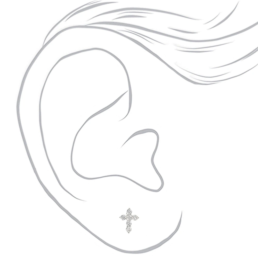 Silver-tone Cubic Zirconia Cross Stud Earrings