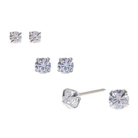 Silver-tone Cubic Zirconia 3mm, 4mm, & 5mm Round Stud Earrings - 3 Pack 
