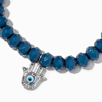 Silver Hamsa Hand Blue Beaded Stretch Bracelet