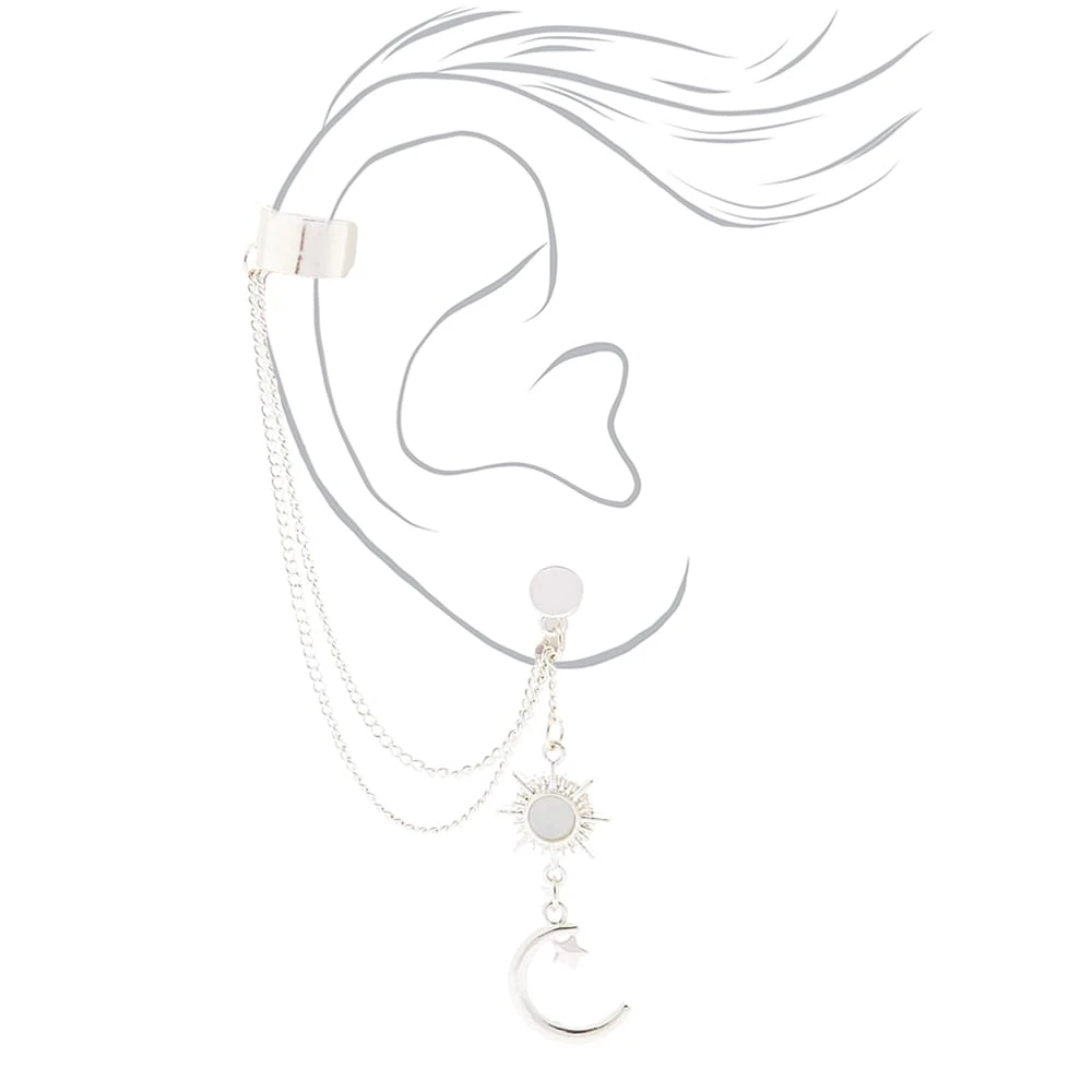 Silver-tone Celestial Moon Ear Cuff Connector Chain Earrings