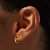 C LUXE by Claire's 18k Yellow Gold Plated Cubic Zirconia Studs, Butterflies, & Hoop Earrings - 3 Pack