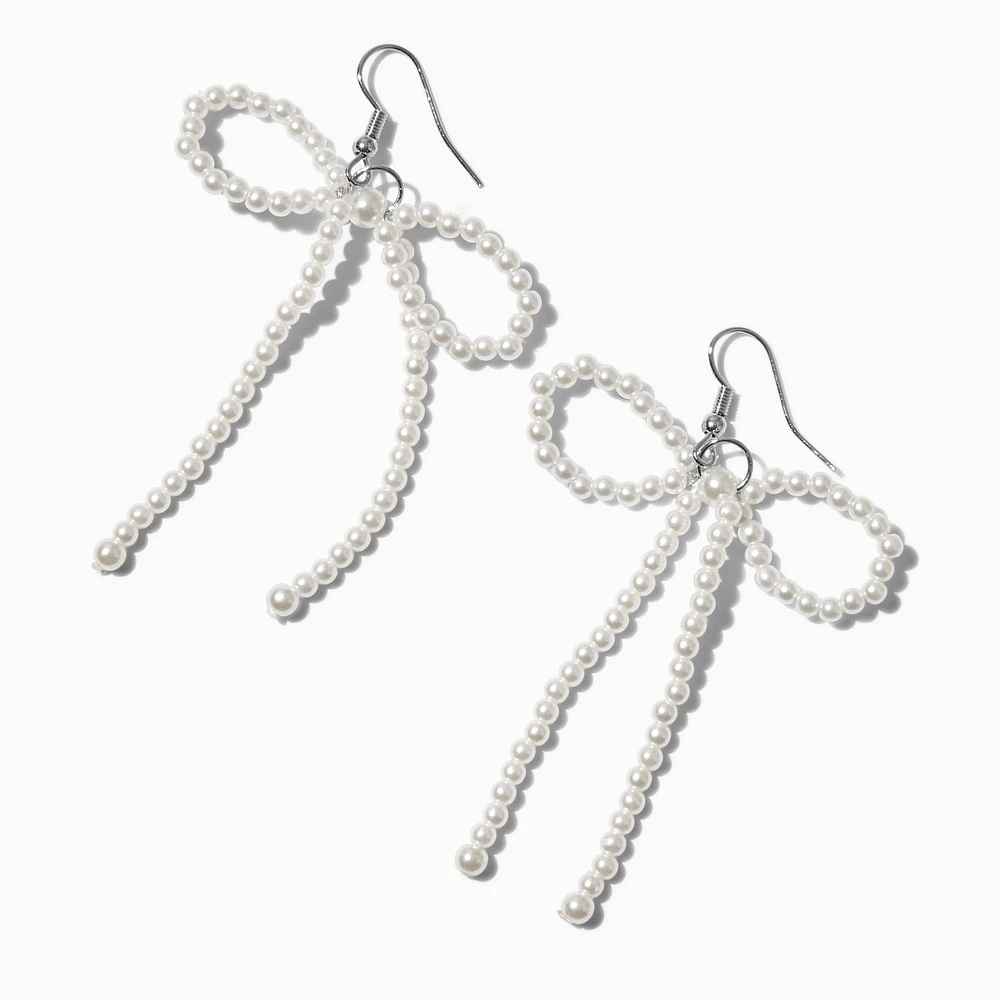 White Pearl Bow 3" Drop Earrings 