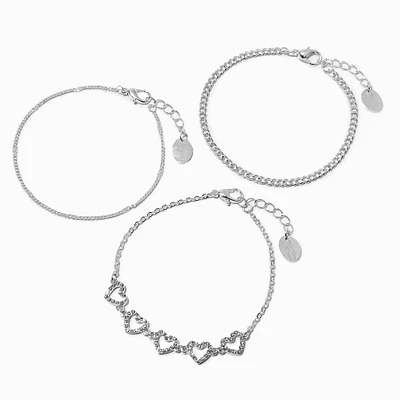 Silver-tone Crystal Heart Bracelet Set - 3 Pack 