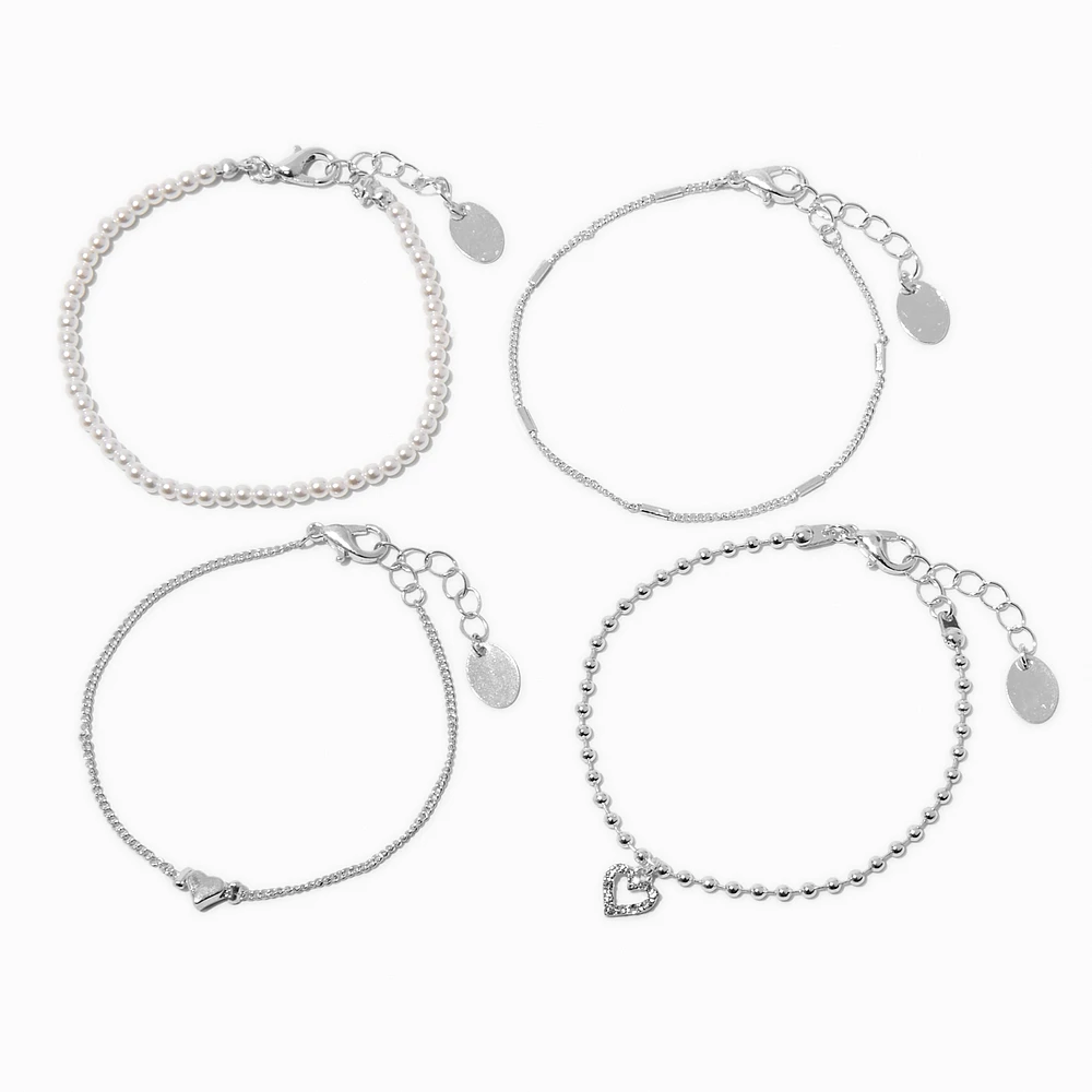 Silver-tone Heart & Pearl Chain Bracelets - 4 Pack 