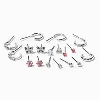 Pink Flower Mixed Silver-tone Stud Earrings - 9 Pack