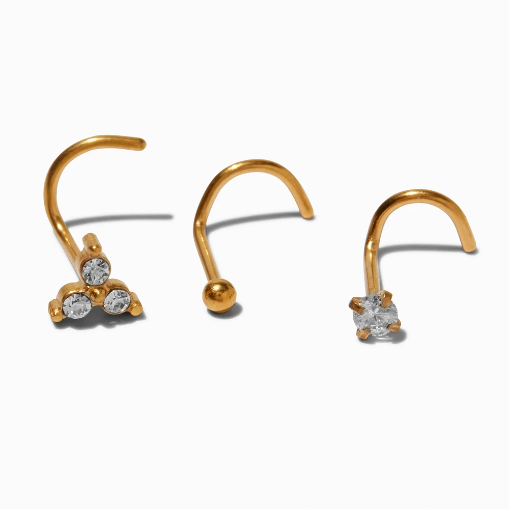 20G Gold-tone Titanium Cubic Zirconia Geometric Nose Studs - 3 Pack