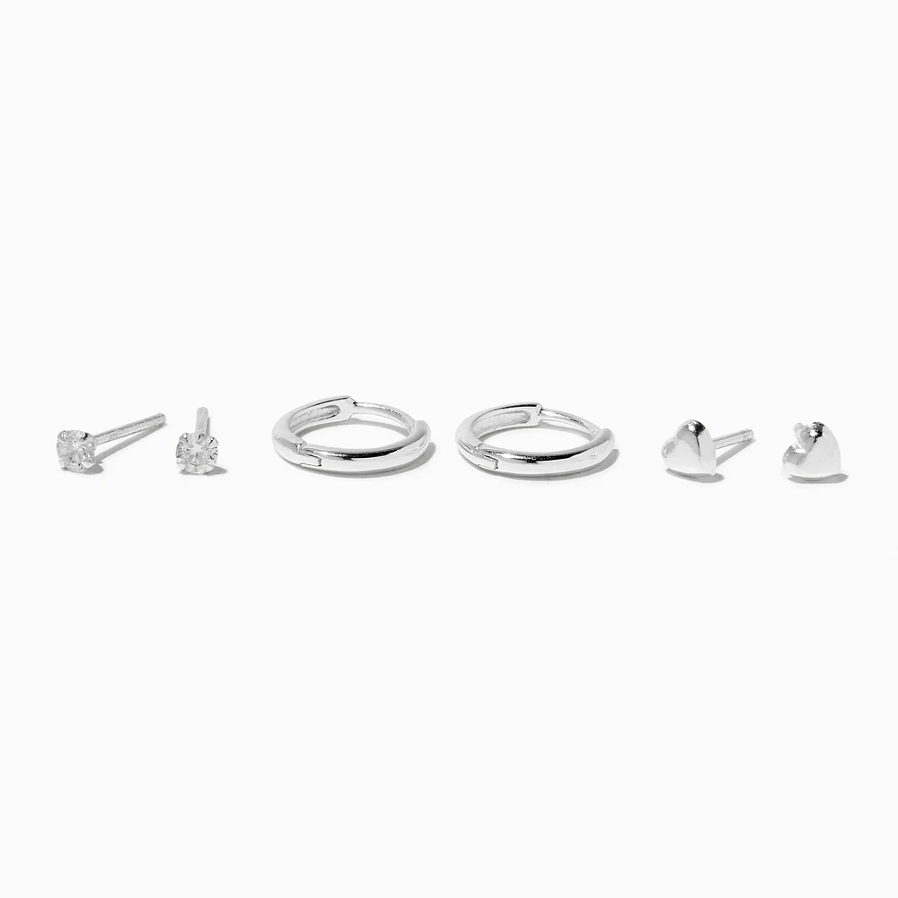 C LUXE by Claire's Sterling Silver Cubic Zirconia 2mm Round Stud, Hearts & 8mm Clicker Hoop Earrings - 3 Pack 