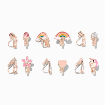Rose Gold-tone Embellished Rainbow Clip-On Earrings - 6 Pack
