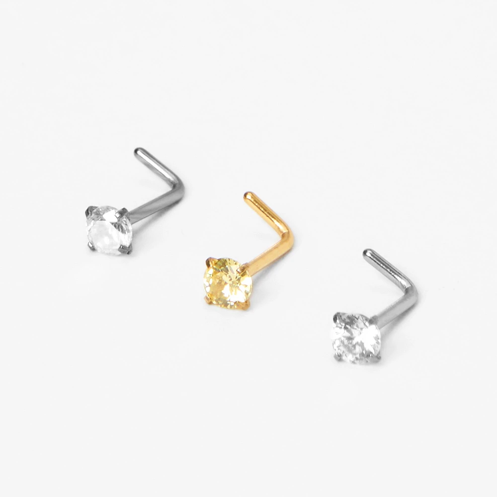 20G Mixed Metal Stainless Steel Crystal Nose Studs - 3 Pack