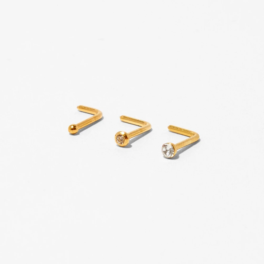 20G Gold-tone Stainless Steel Mixed Crystal Nose Studs - 3 Pack