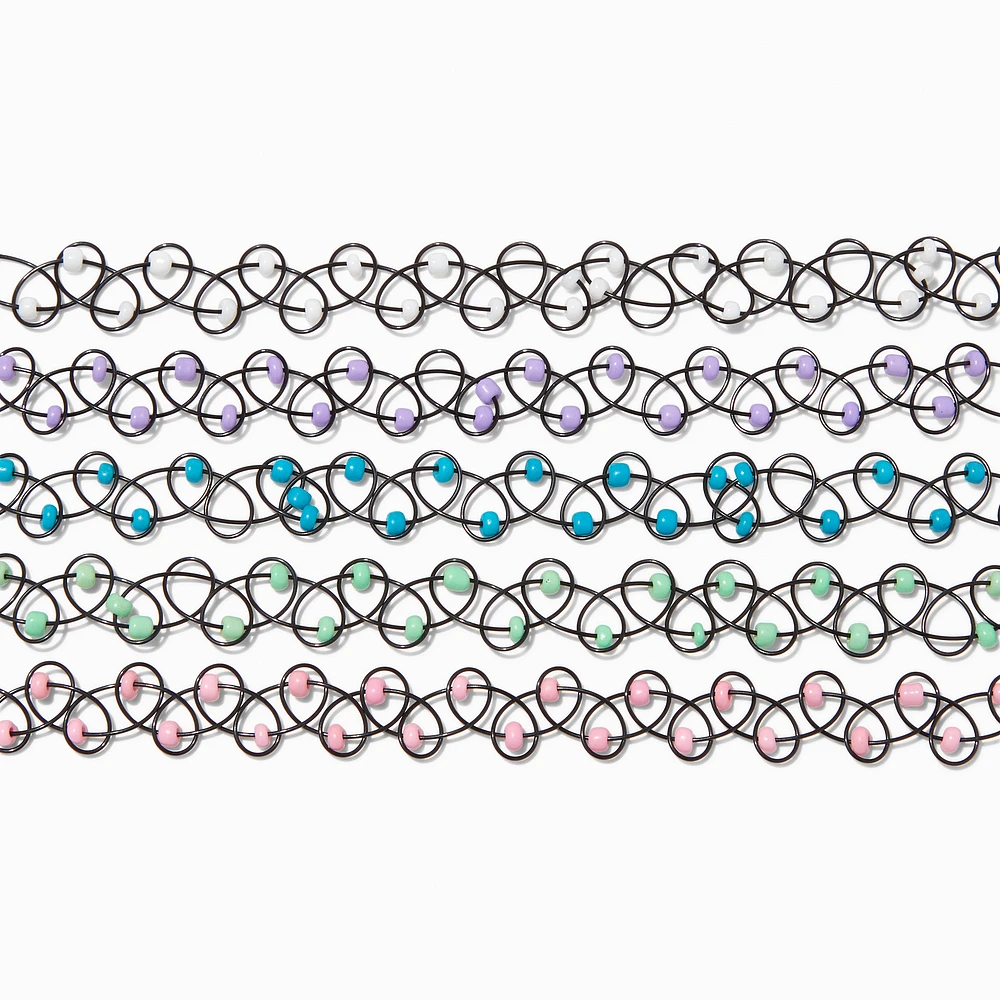 Black Tattoo Pastel Beaded Choker Necklaces - 5 Pack