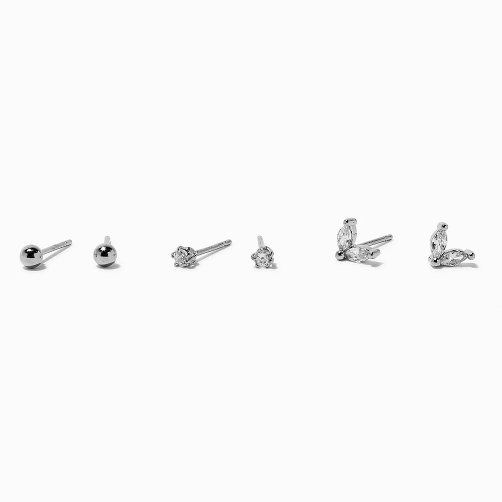 Silver-tone Cubic Zirconia Stud Earrings - 3 Pack 