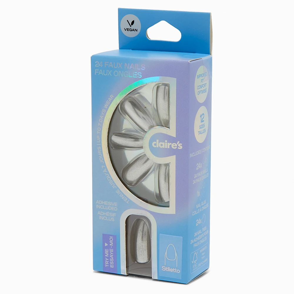 Silver Glazed Stiletto Vegan Faux Nail Set - 24 Pack