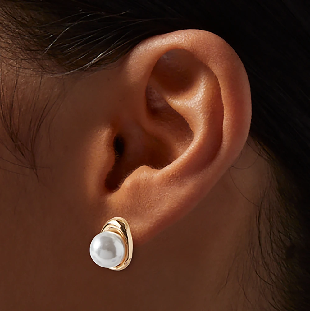 Gold-tone Pearl Compass Stud Earrings