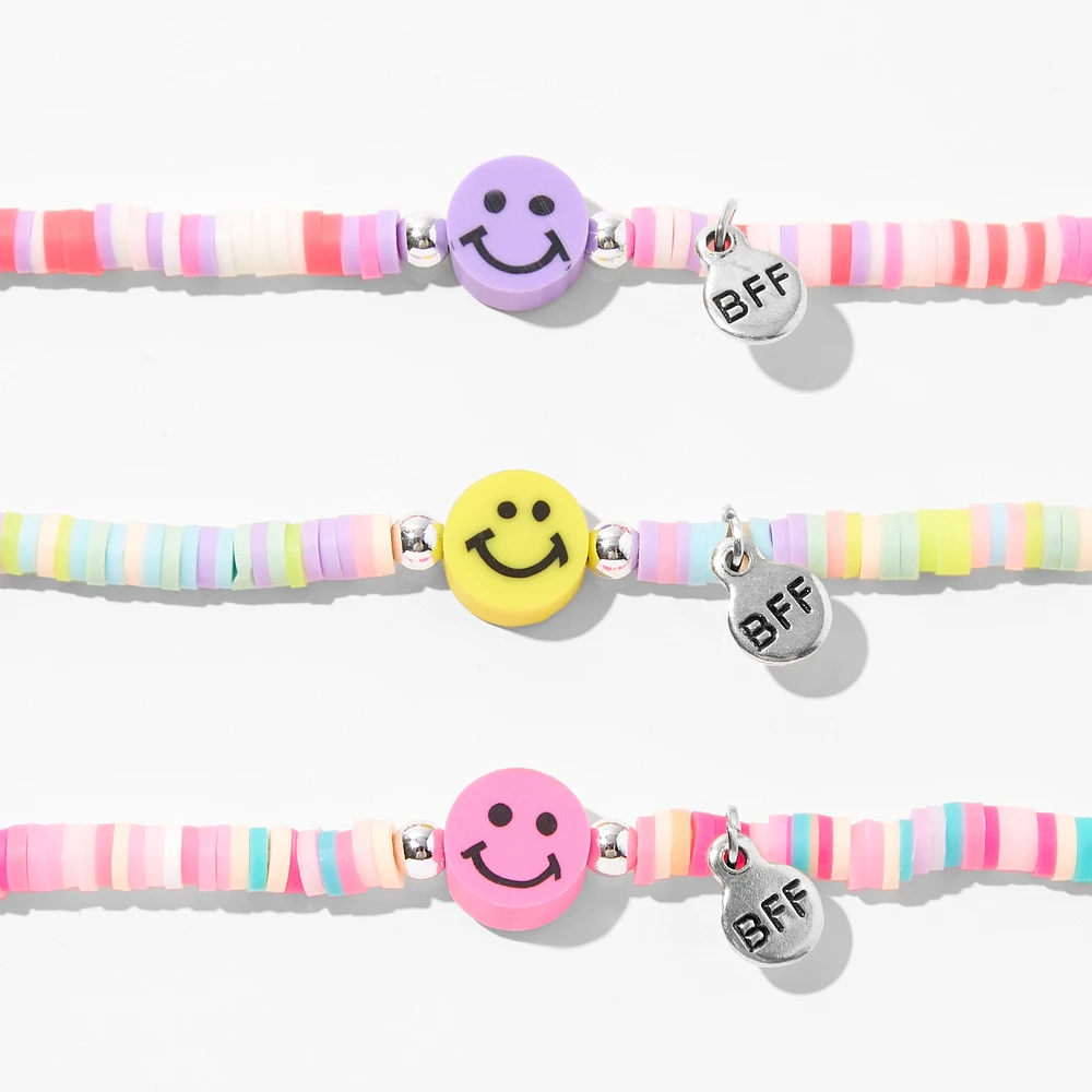 Best Friends Beaded Happy Face Charm Stretch Bracelets - 3 Pack