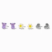 Sloth, Daisy, & Heart Stud Earrings - 3 Pack