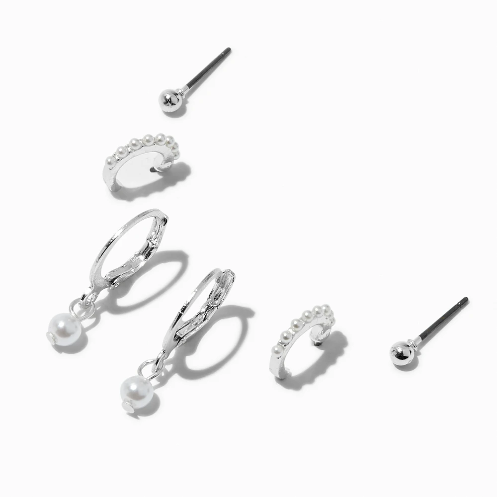 Silver-tone Pearl Hoop Earring Stack - 3 Pack 