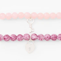 Pink Heart Lock & Key Beaded Stretch Bracelets - 2 Pack