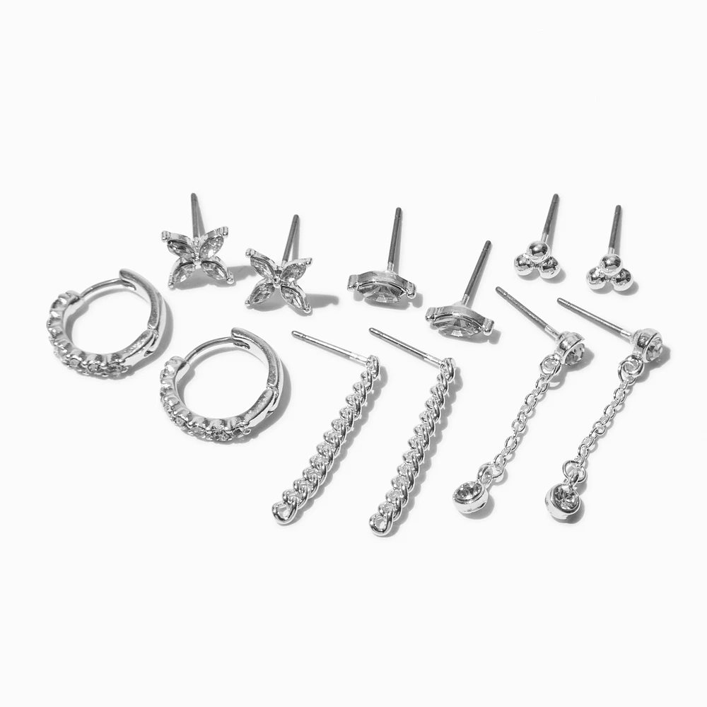 Silver-tone Crystal Mixed Earring Stackables Set - 6 Pack