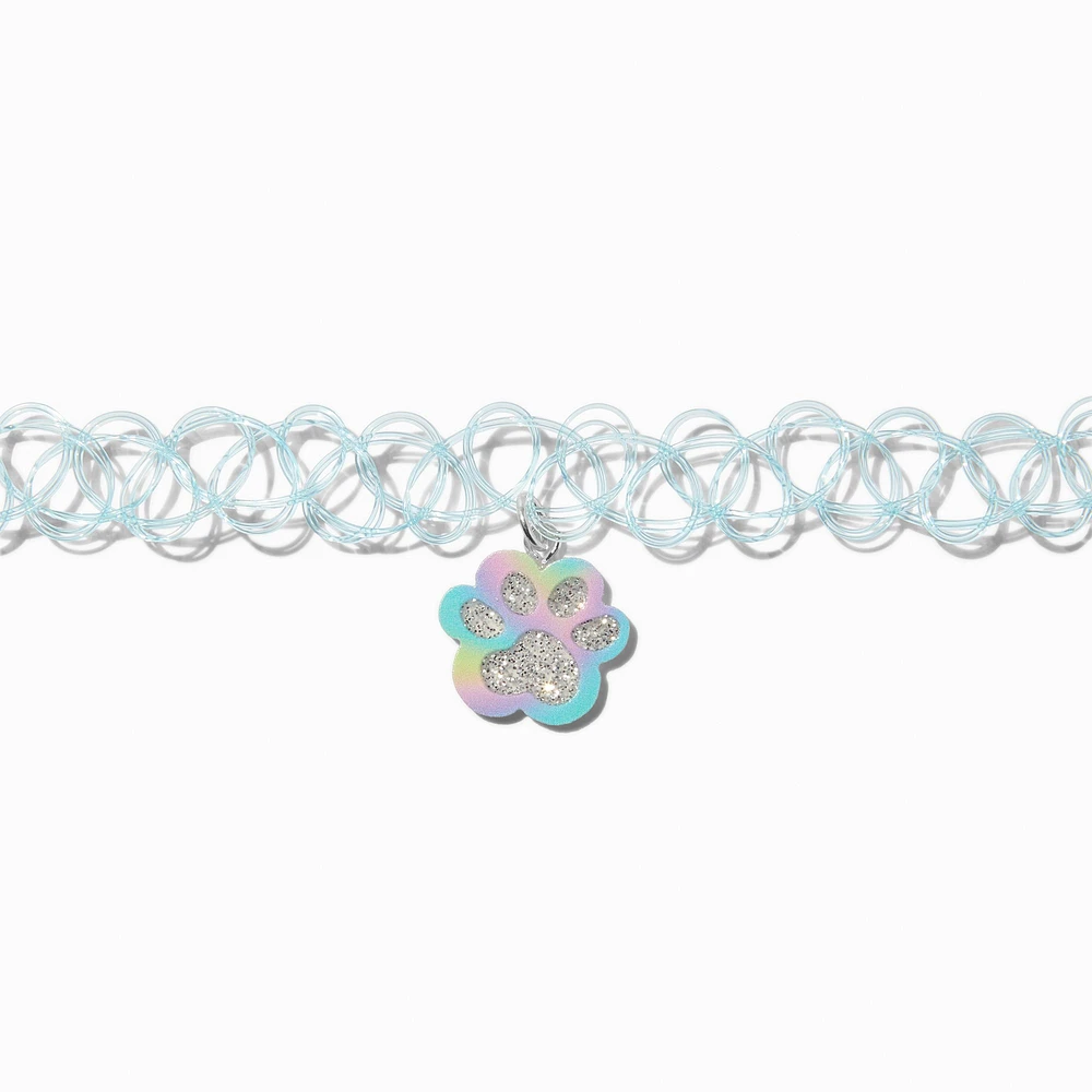 Rainbow Glitter Paw Pendant Tattoo Choker Necklace 
