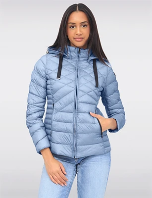 Vegan Slim Fit Lightweight Multi-Quilt Design Short Hooded Puffer Jacket by Saki