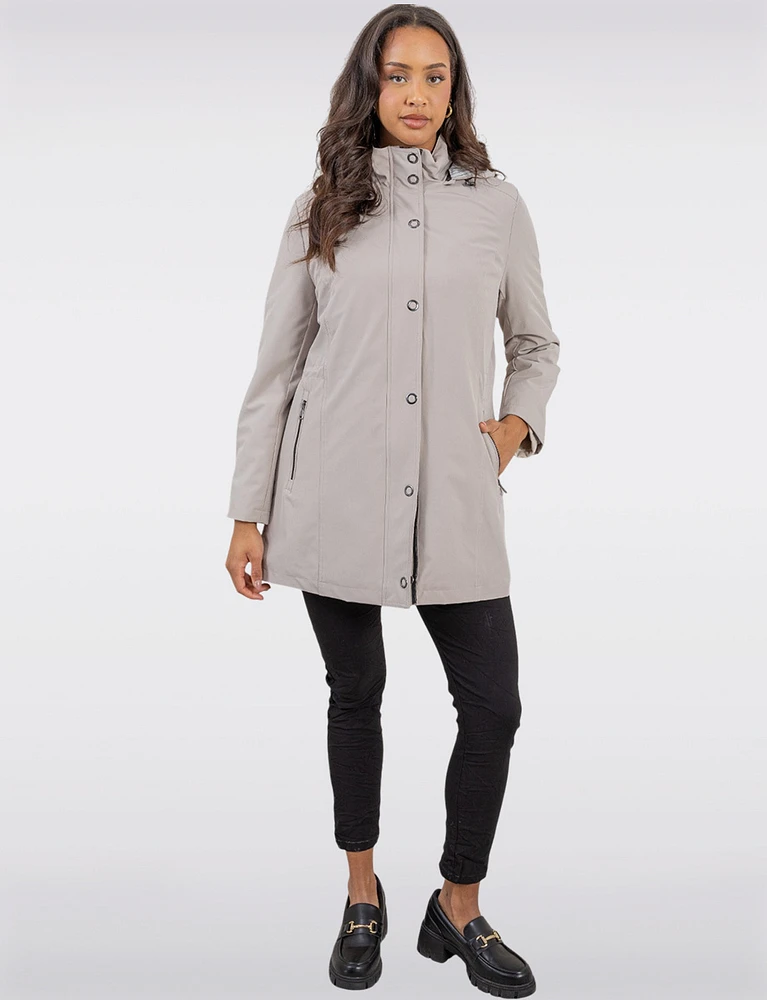 Vegan Softshell Breathe-Tech® Stripe-Lined Cinchable Waist Parka by Saki