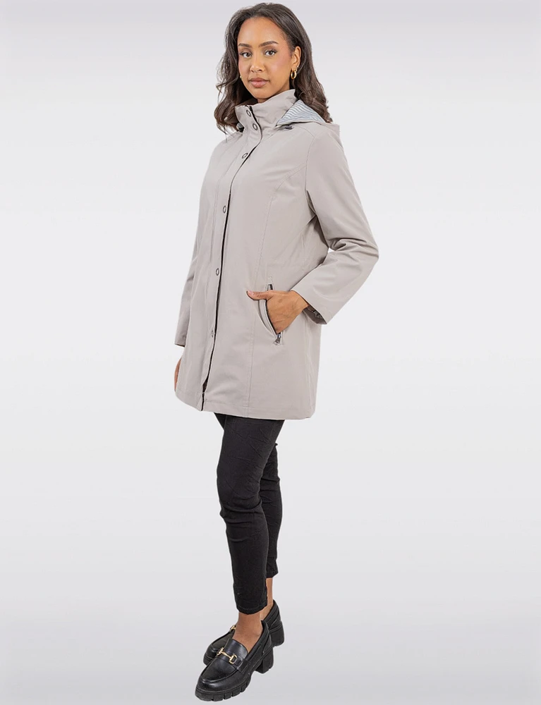 Vegan Softshell Breathe-Tech® Stripe-Lined Cinchable Waist Parka by Saki