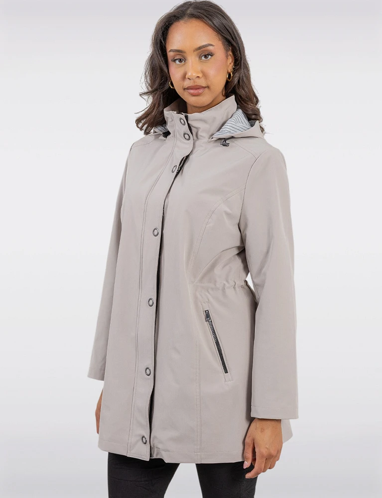 Vegan Softshell Breathe-Tech® Stripe-Lined Cinchable Waist Parka by Saki