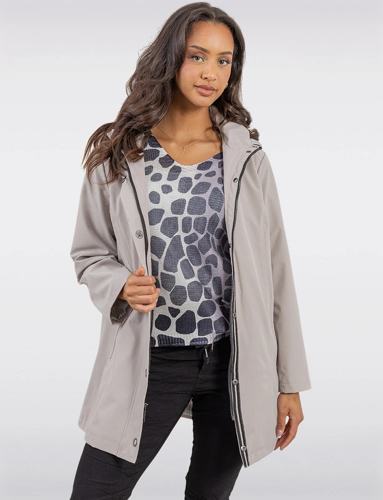 Vegan Softshell Breathe-Tech® Stripe-Lined Cinchable Waist Parka by Saki