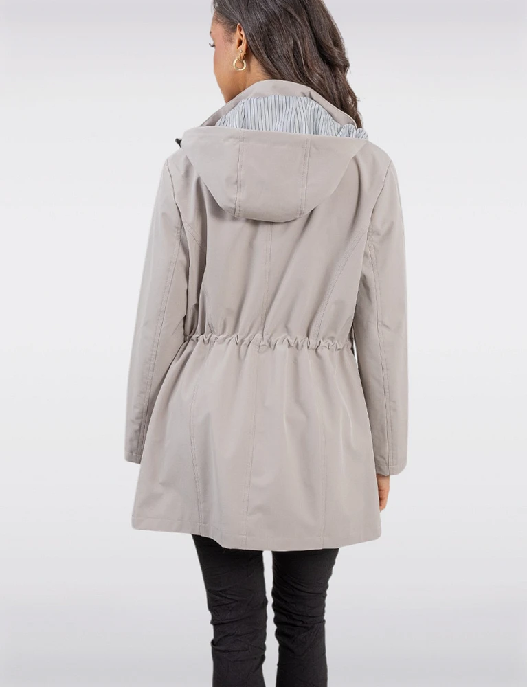 Vegan Softshell Breathe-Tech® Stripe-Lined Cinchable Waist Parka by Saki