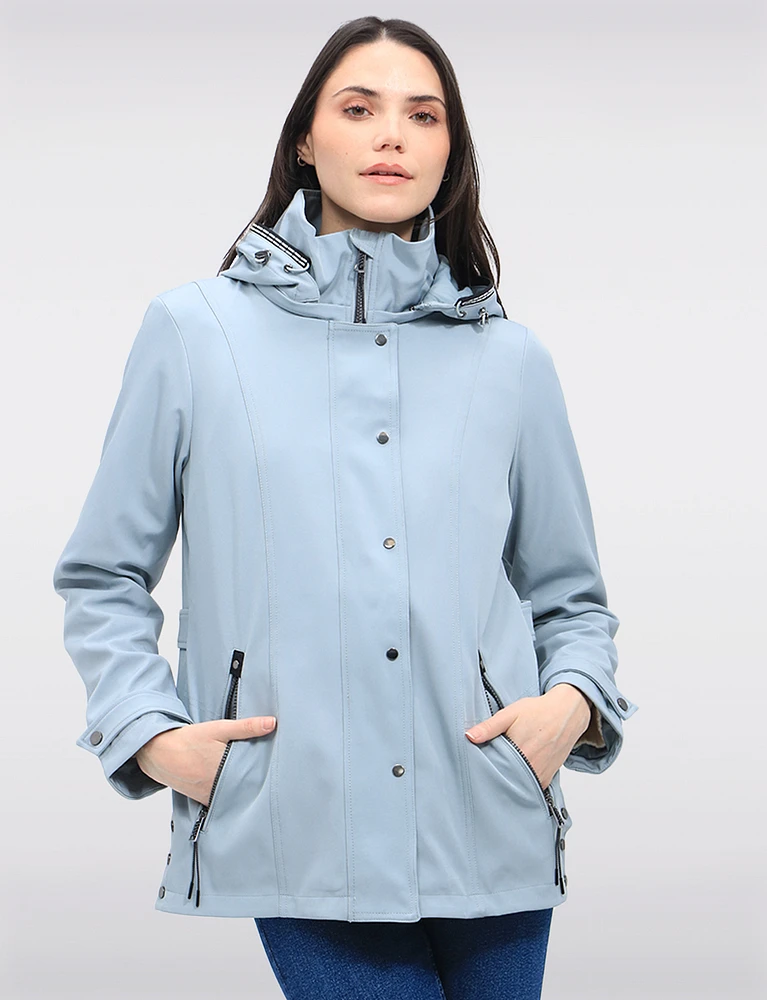 Lightweight Vegan Softshell Jacket with Detachable Hood & Side Slits by Saki