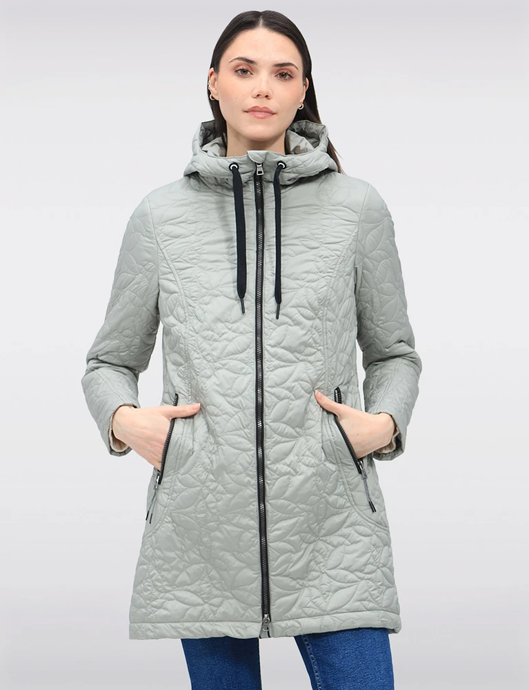Lightweight Vegan Quilted Floral Design Mid-Length Jacket by Saki