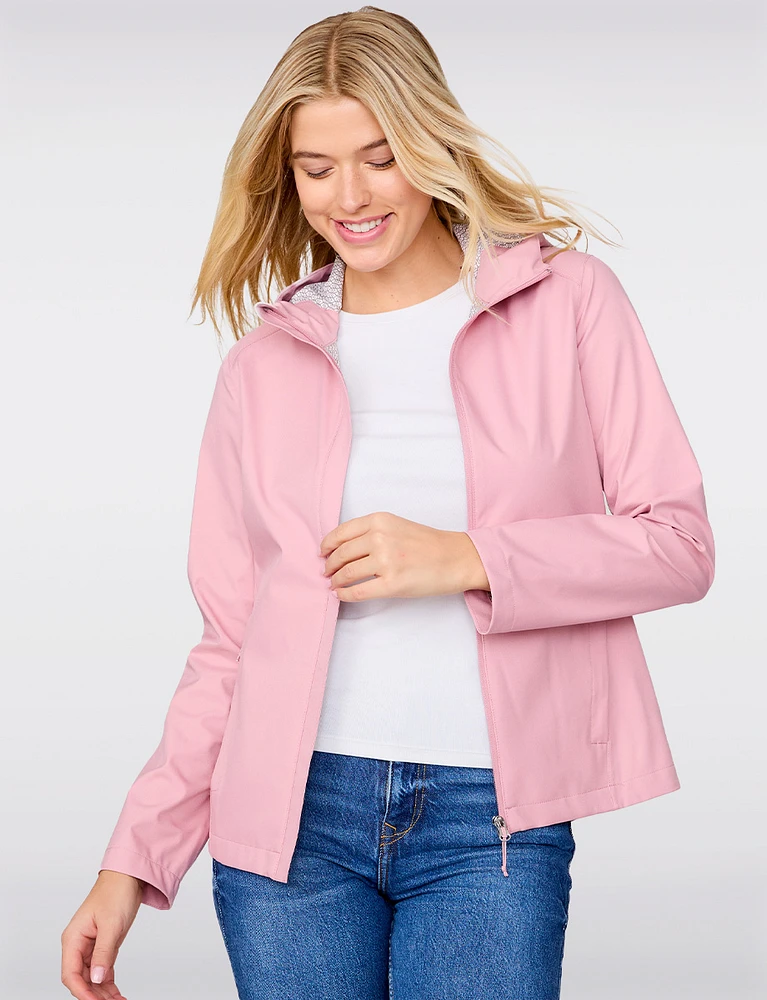 Straight Cut Sleek Short Rain Jacket with Attached Hood by Free Country