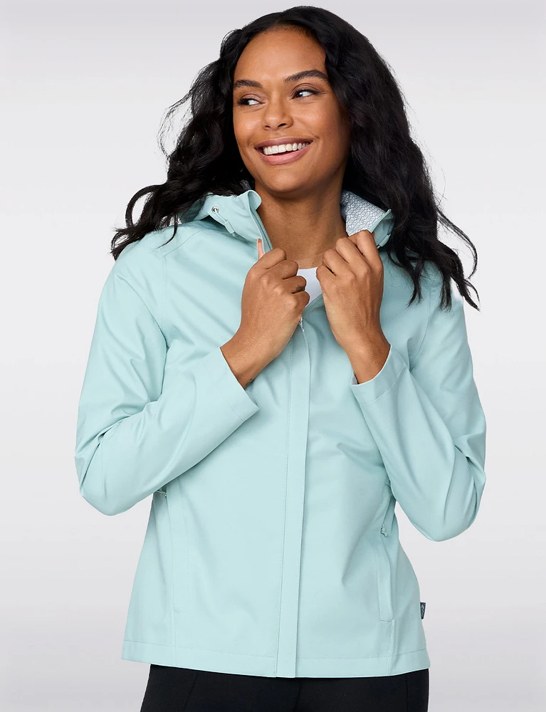Straight Cut Sleek Short Rain Jacket with Attached Hood by Free Country