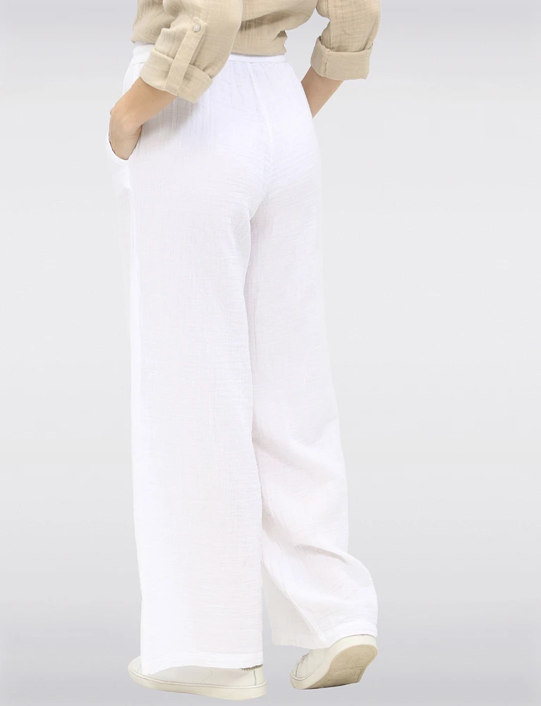 Vegan Lightweight Cotton Wide-Leg Pants with Adjustable Drawstring by Point Zero