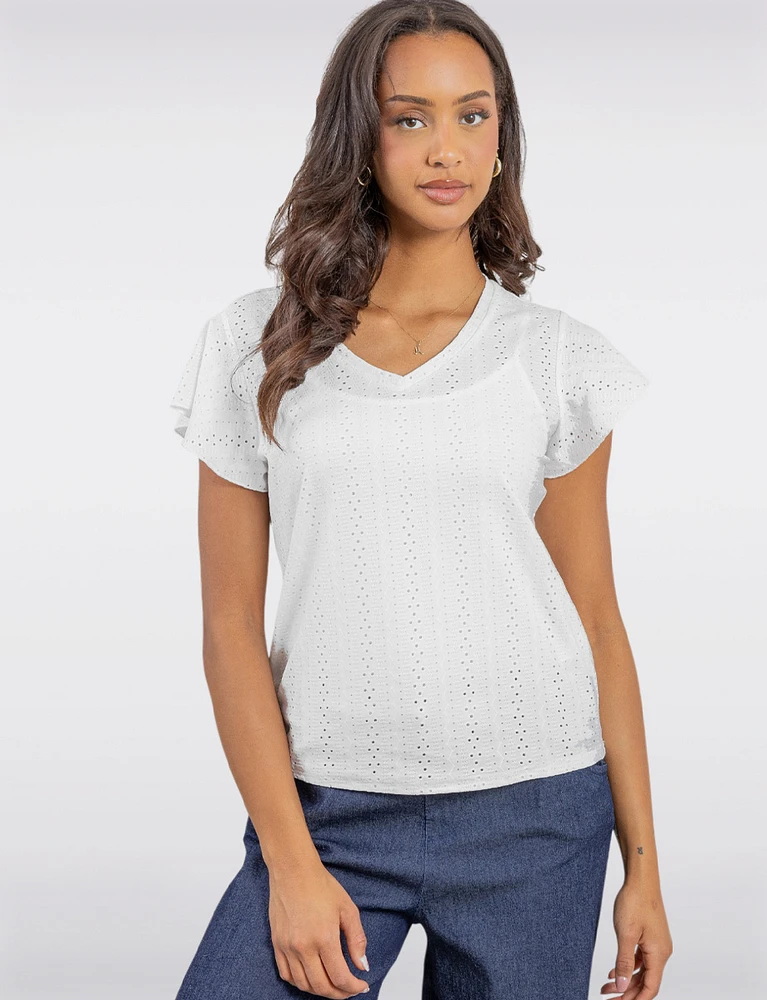 Solid Vegan Eyelet Embroidered Top with Delicate Flutter Sleeves by Point Zero