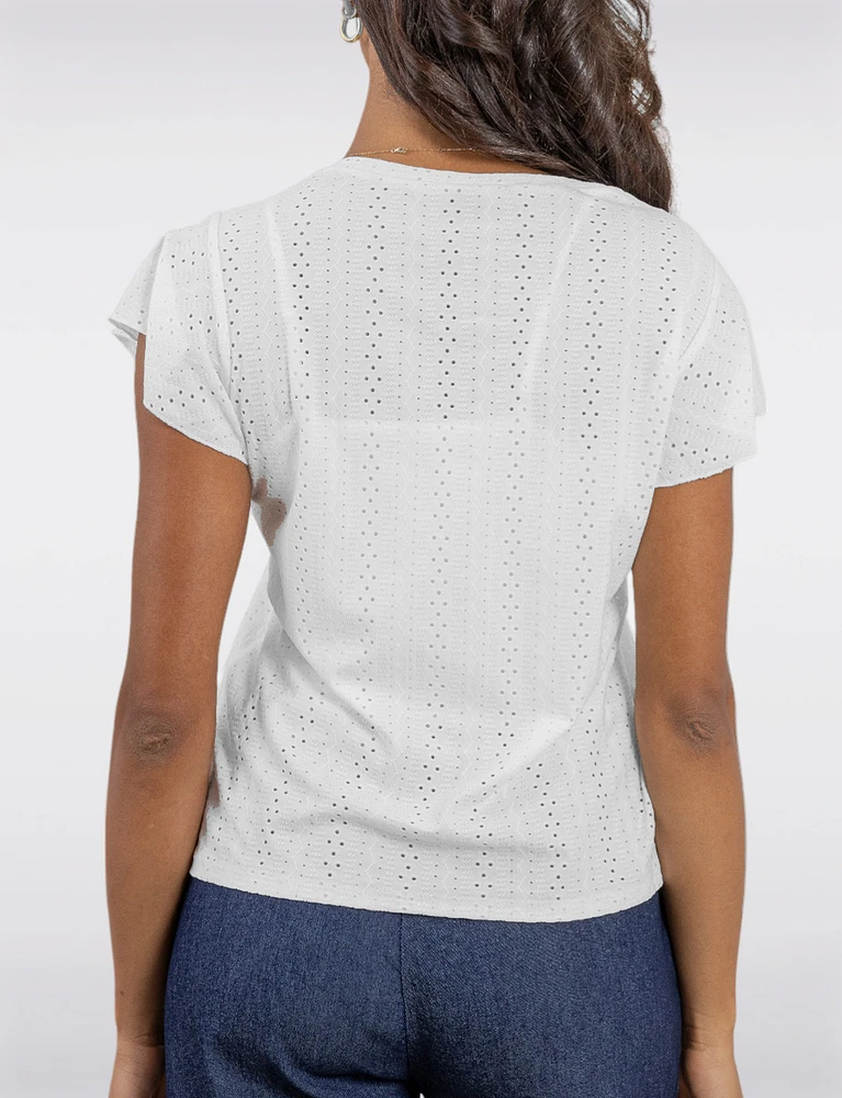 Solid Vegan Eyelet Embroidered Top with Delicate Flutter Sleeves by Point Zero